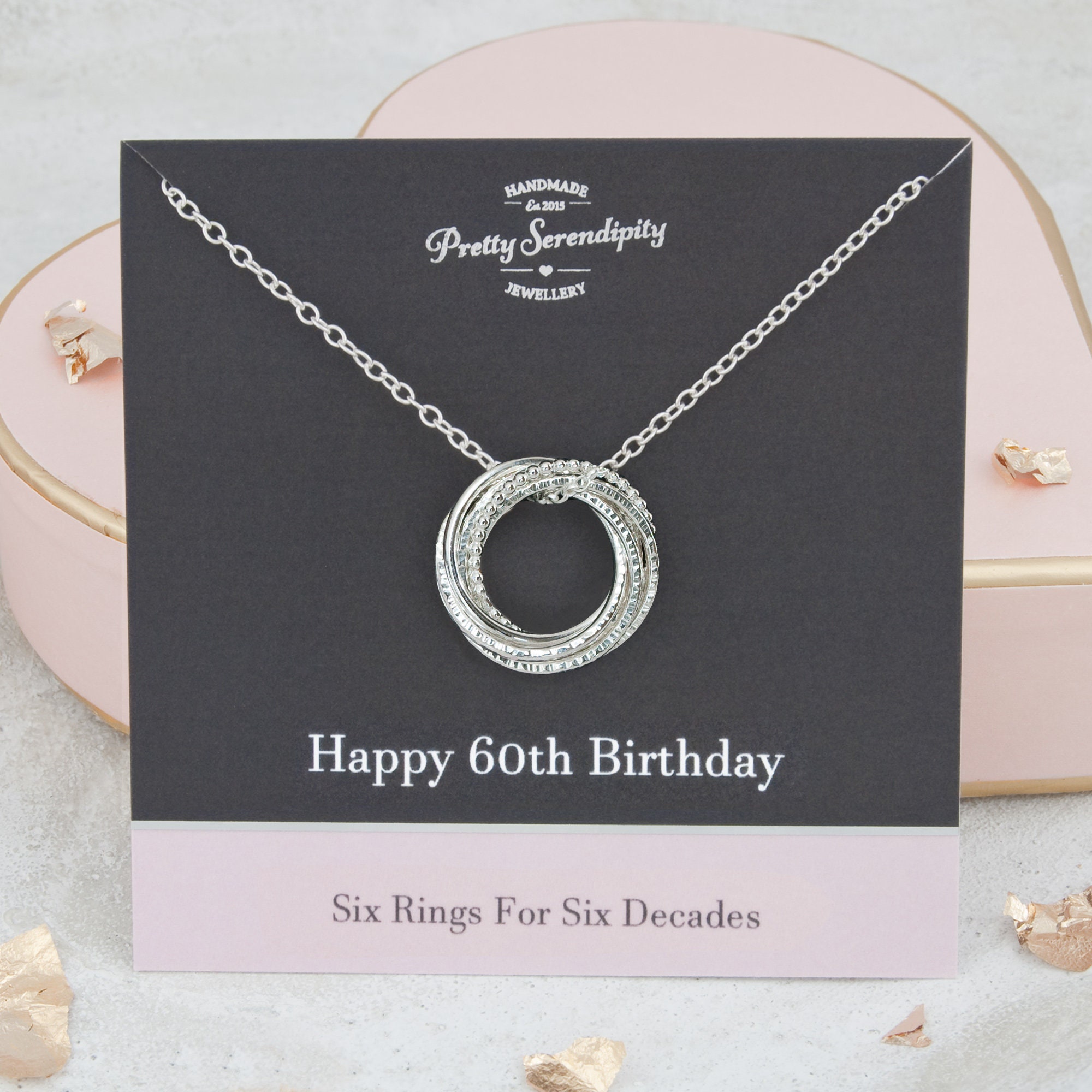 60Th Birthday Textured Silver Necklace, 6 Rings, Gift