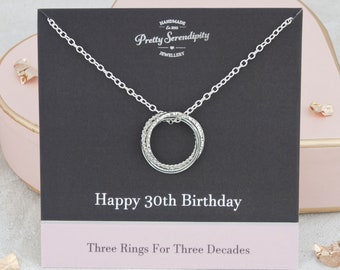 30th Birthday Textured Silver Necklace, 3 Rings, 30th Birthday Gift For Daughter