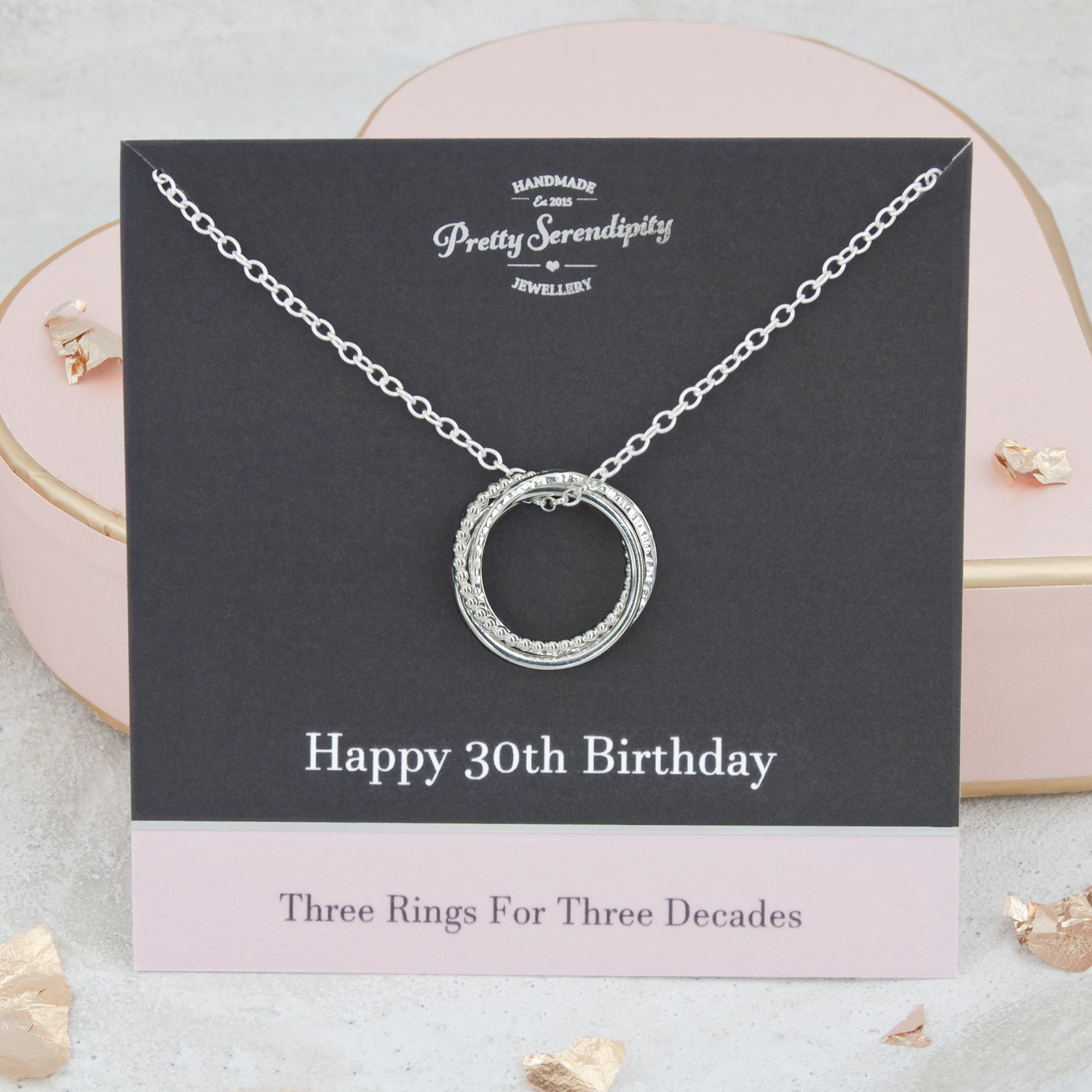 30Th Birthday Textured Silver Necklace, 3 Rings, Gift For Daughter