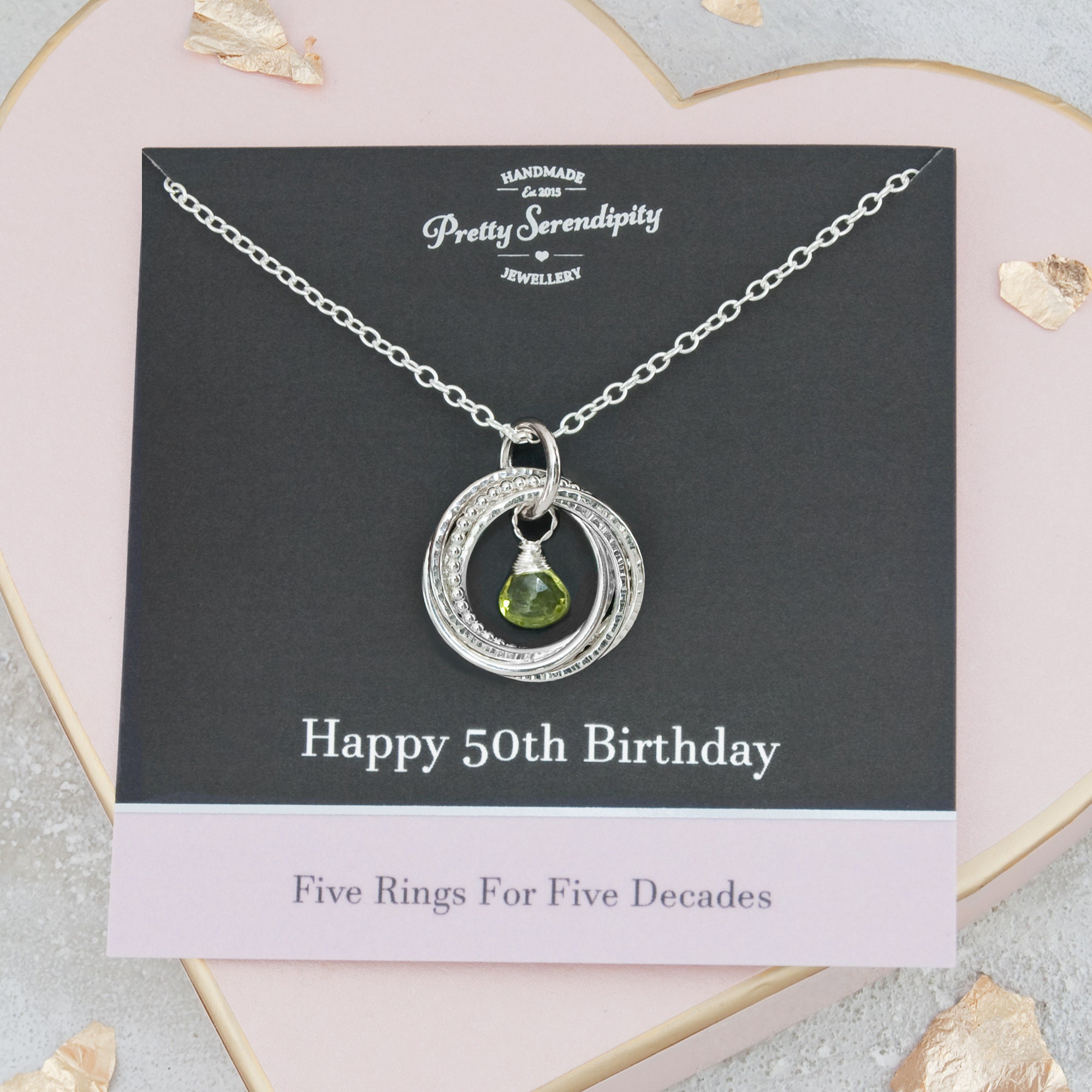 50Th Birthday Birthstone Necklace - Textured Sterling Silver, 5 Rings For Decades, Gift Her