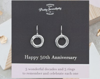 50th Wedding Anniversary Earrings - 5 Rings For 5 Decades of Marriage, 50th Anniversary Gift, Textured Sterling Silver