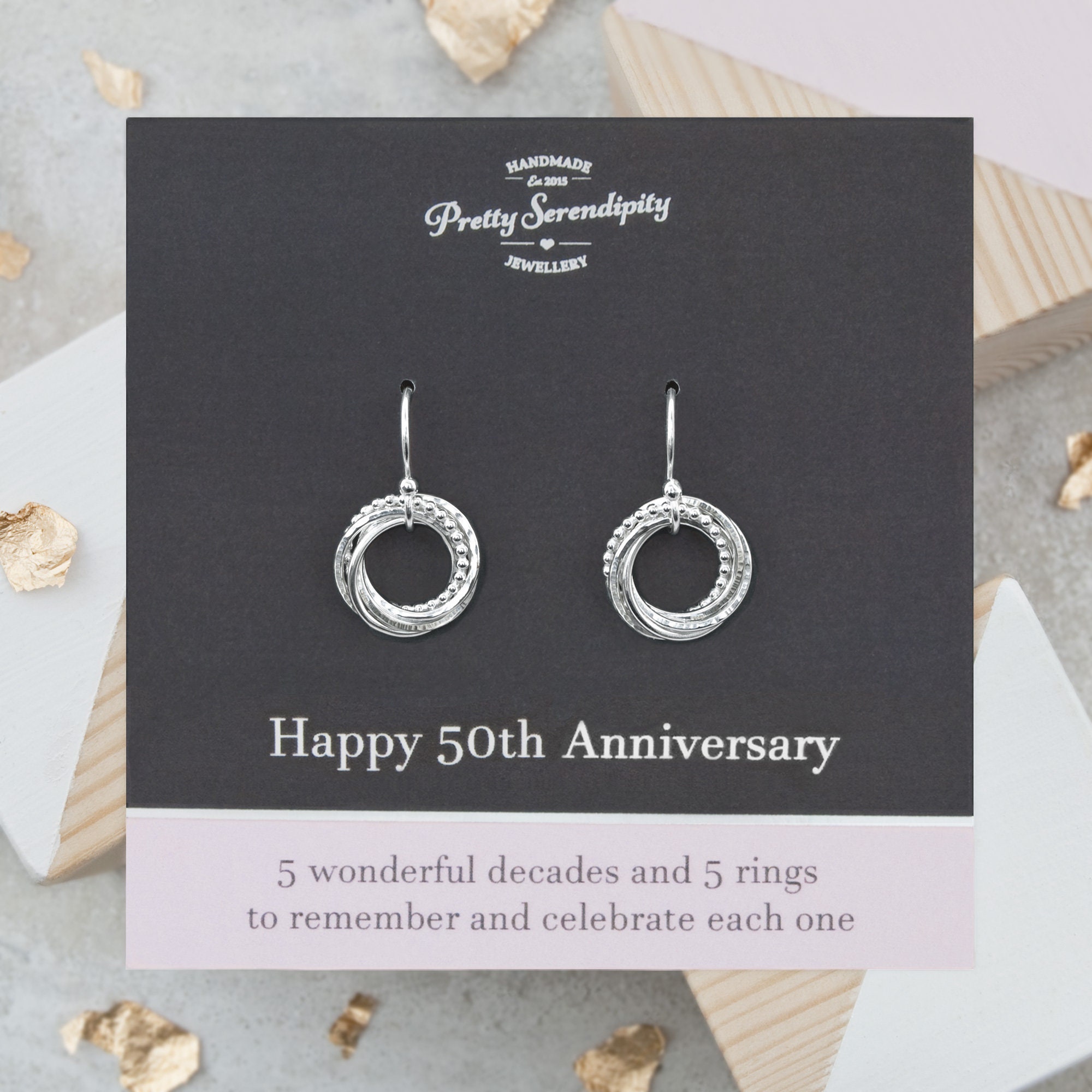 50Th Wedding Anniversary Earrings - 5 Rings For Decades Of Marriage, Gift, Textured Sterling Silver
