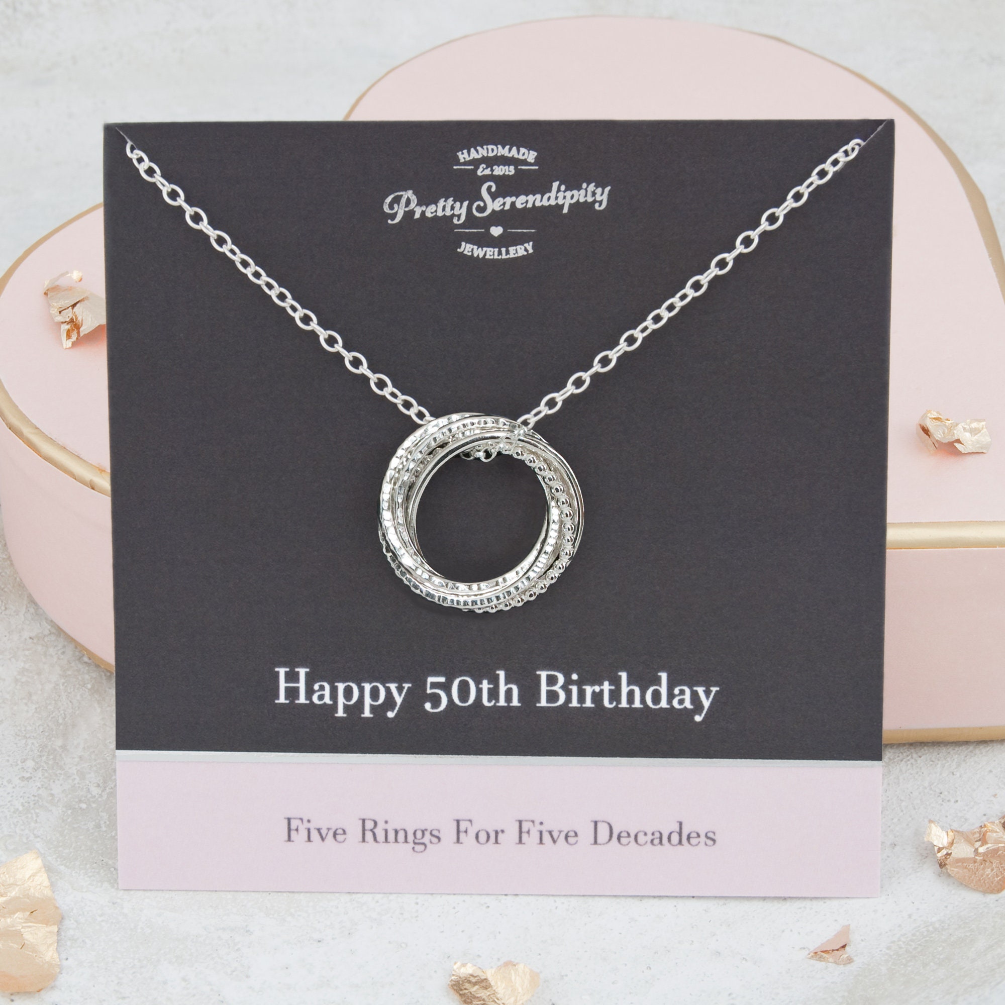 50Th Birthday Textured Silver Necklace, 5 Rings, Gift For Her