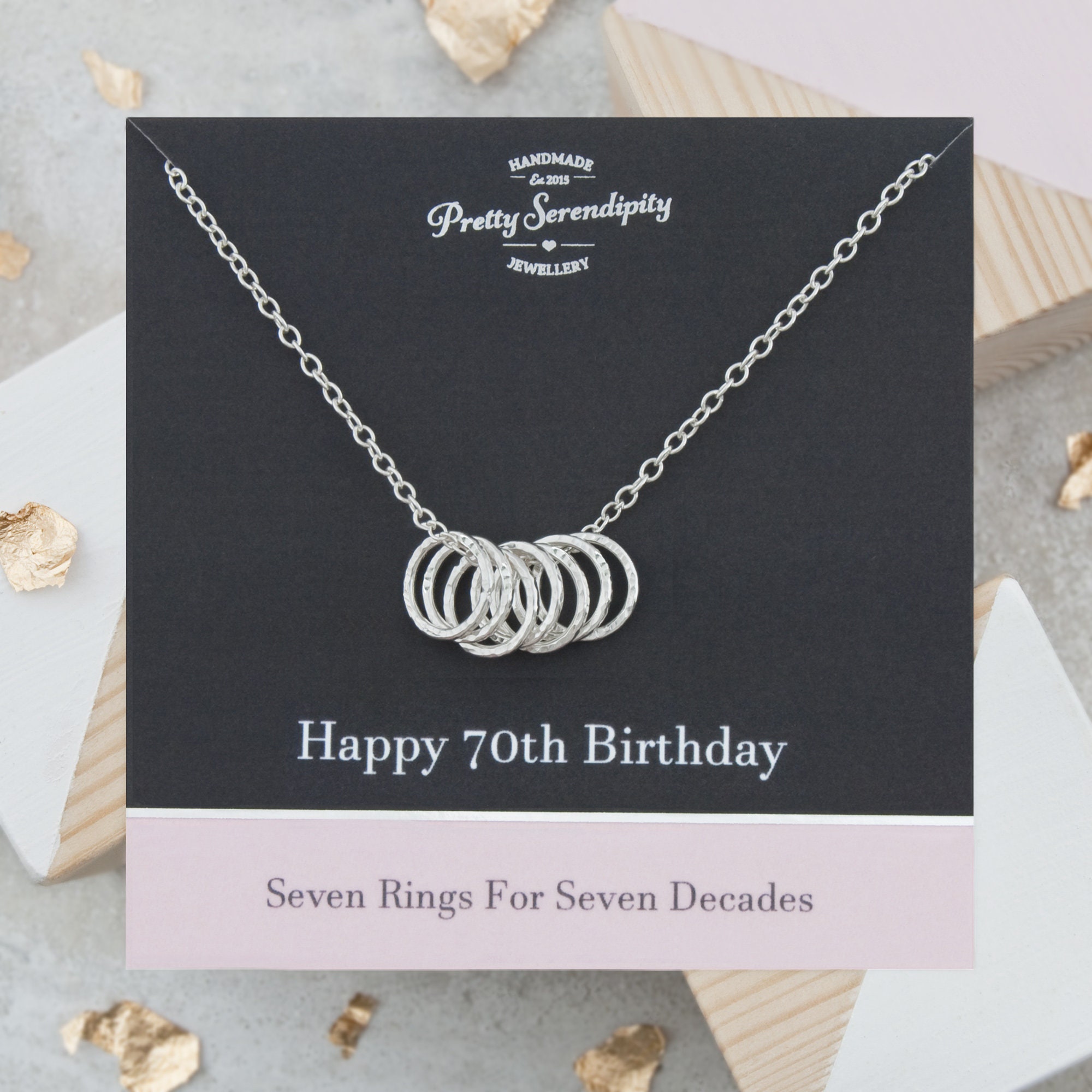 70Th Birthday Necklace With 7 Hammered Rings, Gifts, Jewellery, Gift For Mom, Ring
