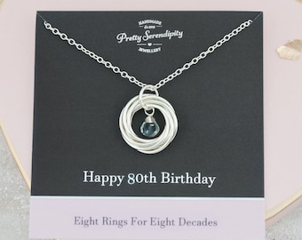 80th Birthday Necklace with Birthstone, 80th Birthday Gift For Her, 80th Jewelry, 8 Rings For 8 Decades