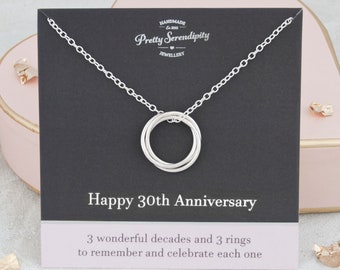 30th Anniversary Necklace - 3 Rings For 3 Decades of Marriage, 30th Anniversary Gift, Sterling Silver