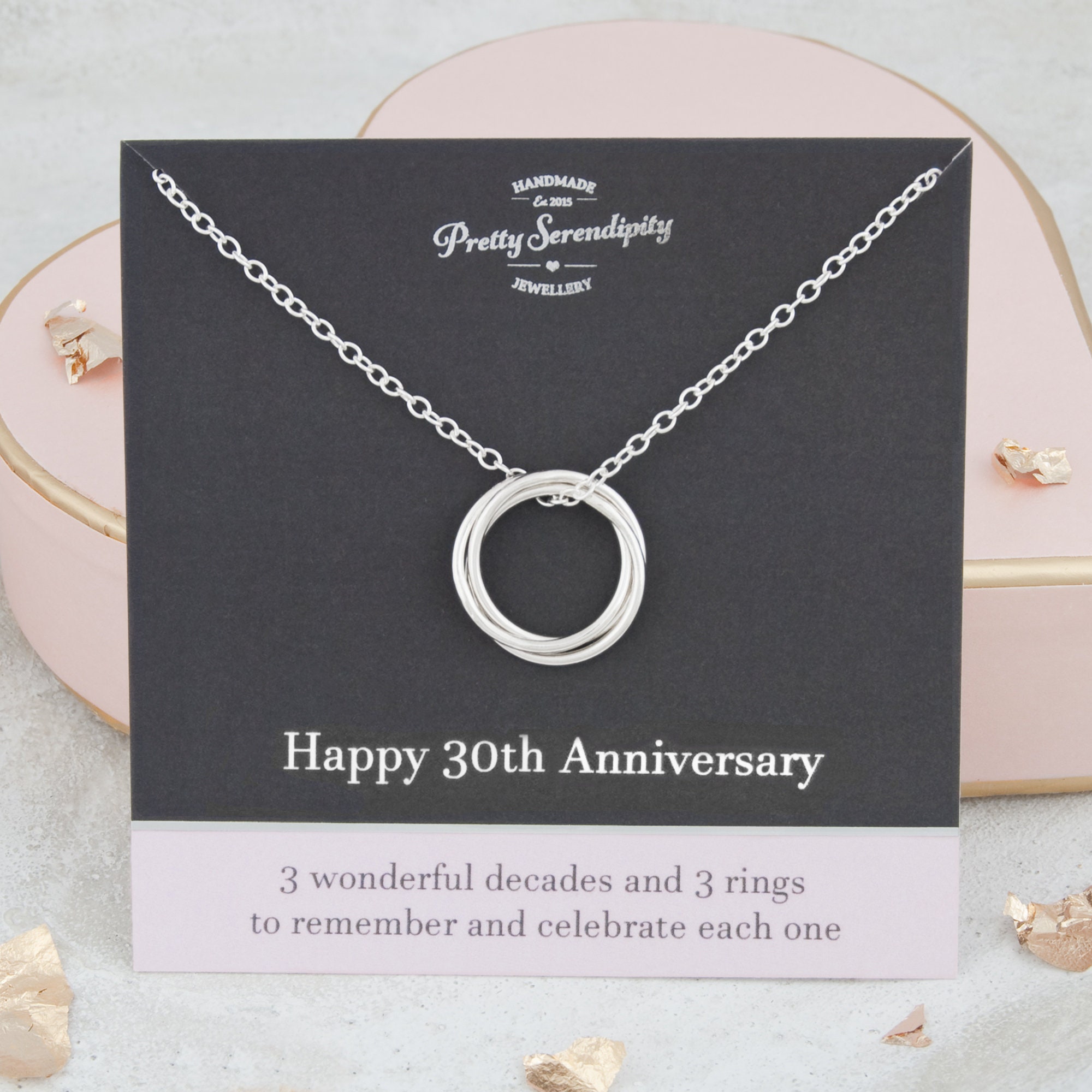 30Th Anniversary Necklace - 3 Rings For Decades Of Marriage, Gift, Sterling Silver