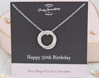 50th Birthday Necklace - 50th Birthday Gift - 5 Rings For 5 Decades - Sterling Silver