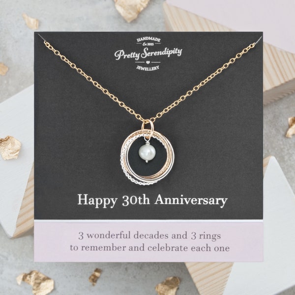 Collier 30e anniversaire de mariage avec perles - Mélange de métaux, argent sterling et remplissage d'or 14 carats, cadeau 30e anniversaire