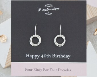 40th Birthday Earrings - 40th Birthday Gift - 4 Rings For 4 Decades - Sterling Silver