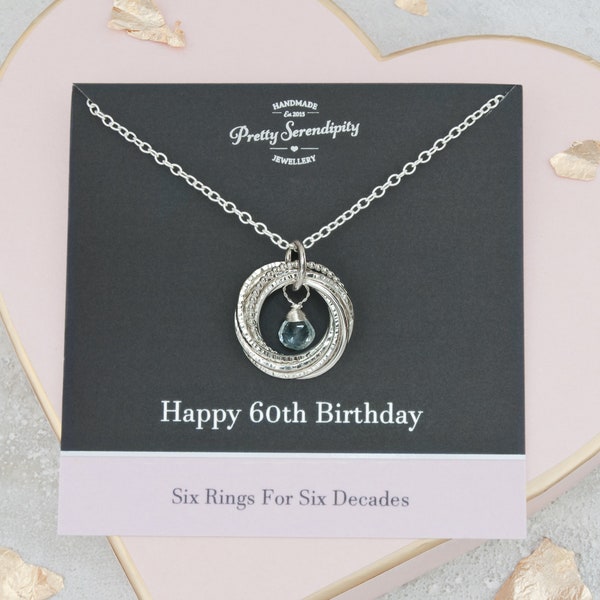60th Birthday Birthstone Necklace - Textured Sterling Silver, 6 Rings For 6 Decades, 60th Gift For Her