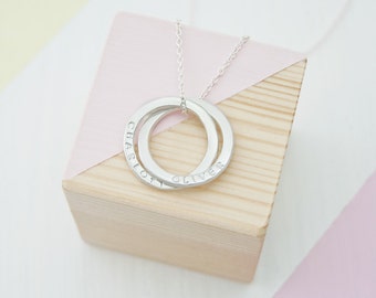 Personalised Two Ring Russian Necklace, Eternity Necklace For Mum Stamped with Kids Names, Gift For Daughter