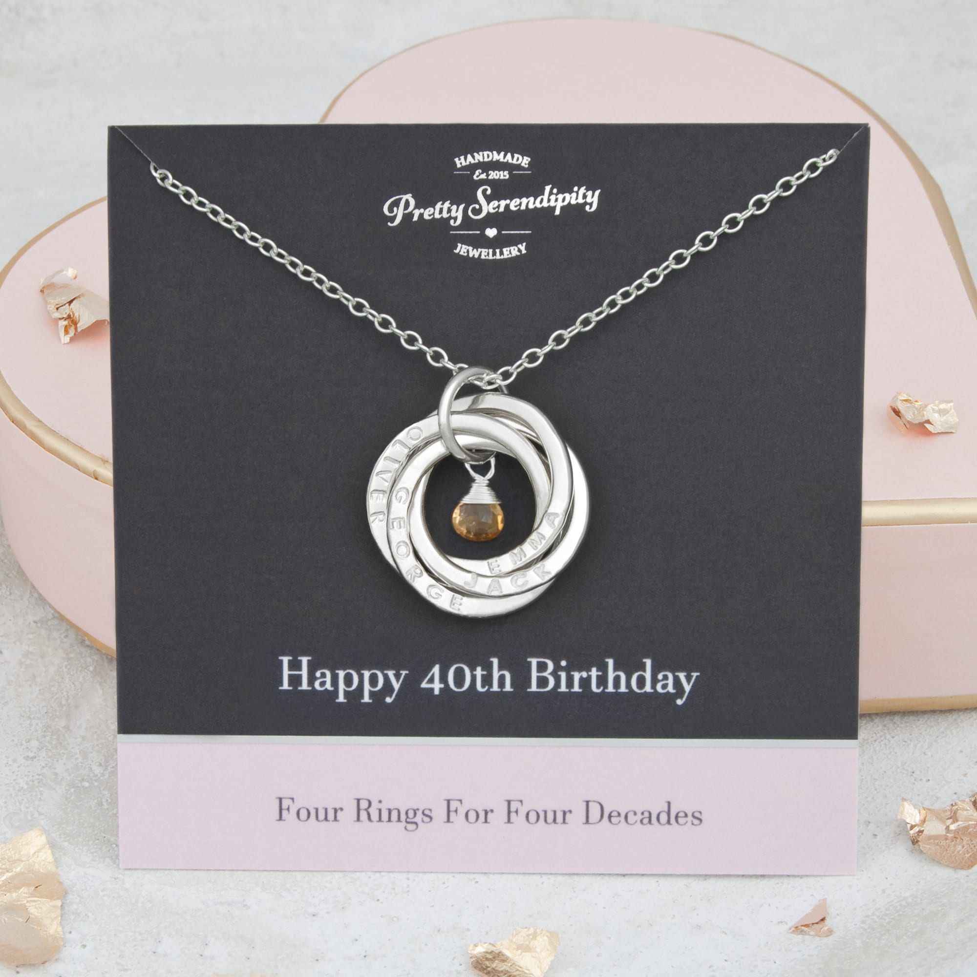Personalised 40Th Birthday Necklace With Birthstone, Gifts For Her, 4 Rings Decades Engraved Jewelry