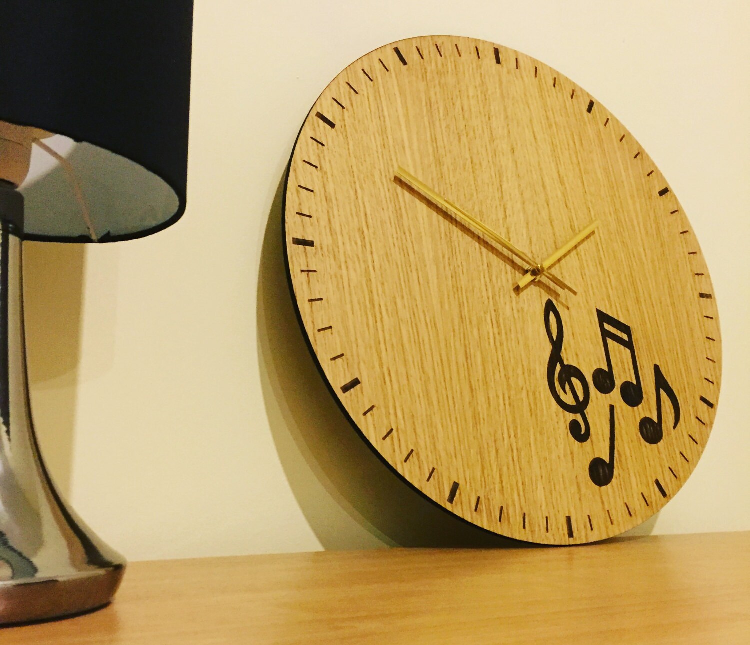 Large Music Notes Clock 40cm Wooden Oak Face Oversized Wall Etsy