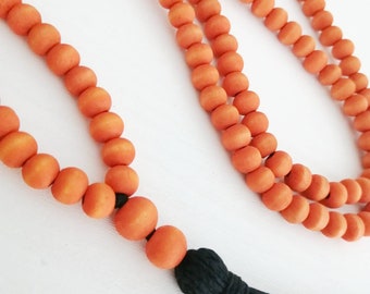 Orange Wooden Bead Necklace with Black Tassel - Boho Style Wood Jewelry, Beaded Lightweight Aroma Necklace