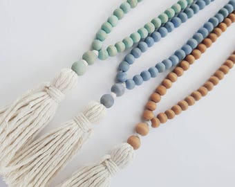 Wooden Bead Tassel Necklace - Blue Jean, Teal, Bronze Necklace. Lightweight Yoga Jewelry. Casual Everyday Accessory. Aroma Necklace