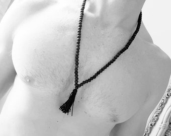 Black Wooden Bead Necklace for Men - Masculine Wood Jewelry with Hemp Tassel - Men's Beaded Accessory