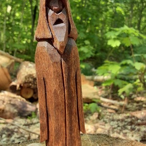 Hand Carved Wooden Hooded Figure | Rustic Wizard Carving | Wood Spirit Statue | Cottagecore Decor | Handmade Folk Art Gift