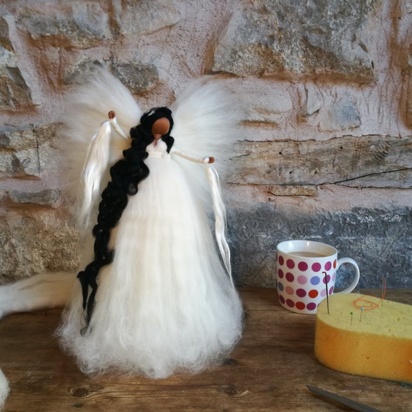 Black angel tree topper, African tree topper called Shameka by Jade Shen, black Christmas Angel, felted tree topper, Dark skin tree topper