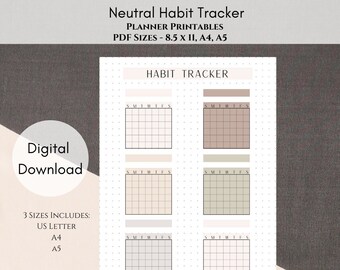 Pode incluir: Planificador de hábitos imprimível em três tamanhos: US Letter, A4 e A5. O planificador tem um esquema de cores neutro com bege, marrom e branco. O planificador tem um layout de grade com os dias da semana rotulados no topo.