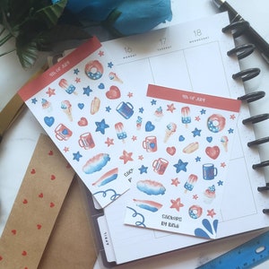 Feuille d'autocollants du 4 juillet | Stickers de l'agenda de la fête de l'indépendance | Stickers bleus blancs rouges | Stickers carnets aquarelle mignons | Quatrième Stickers