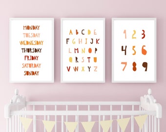 Boho Kids Nursery Set of 3 Instant Download - Kids Alphabet Numbers Days of Week Printable Art - Minimalist Gender Neutral Wall Decor