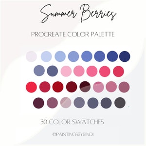 Pode incluir: Uma paleta de cores digital para Procreate com 30 amostras de cores em tons de azul, rosa, vermelho e cinza. A paleta é intitulada "Summer Berries" e é de @PAINTINGSBYBINDI.