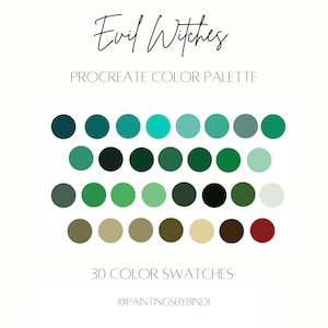 May include: A digital color palette called "Evil Witches" with 30 color swatches in shades of green, blue, brown, and beige. The palette is for use with the Procreate app. The text "@PAINTINGSBYBINDI" is at the bottom of the image.