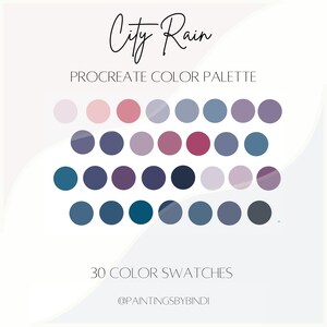 May include: A digital colour palette for Procreate called "City Rain" with 30 colour swatches in shades of pink, purple, blue, and grey. The palette is designed by @paintingsbybindi.