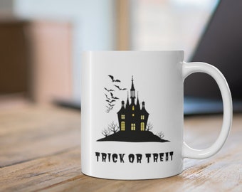 Trick Or Treat Mug | 11 oz Halloween Coffee Mug | Haunted House, Bats, Full Moon | Halloween Decor