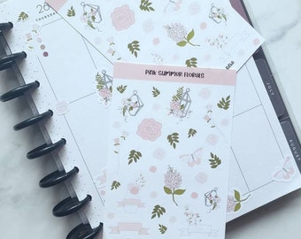 Pink Summer Florals Sticker Sheet | Kiss Cut Planner Stickers | Cute Vintage Journal Stickers | Flower Deco Stickers | Scrapbook Stickers