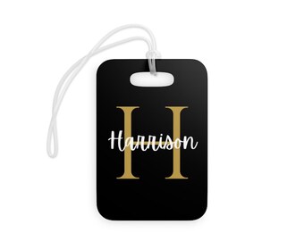Custom Monogram Luggage Tag | Black and Gold Luggage Tag | Tag With Contact Info | Personalized Tag | Gift for Traveler | Fathers Day Gift