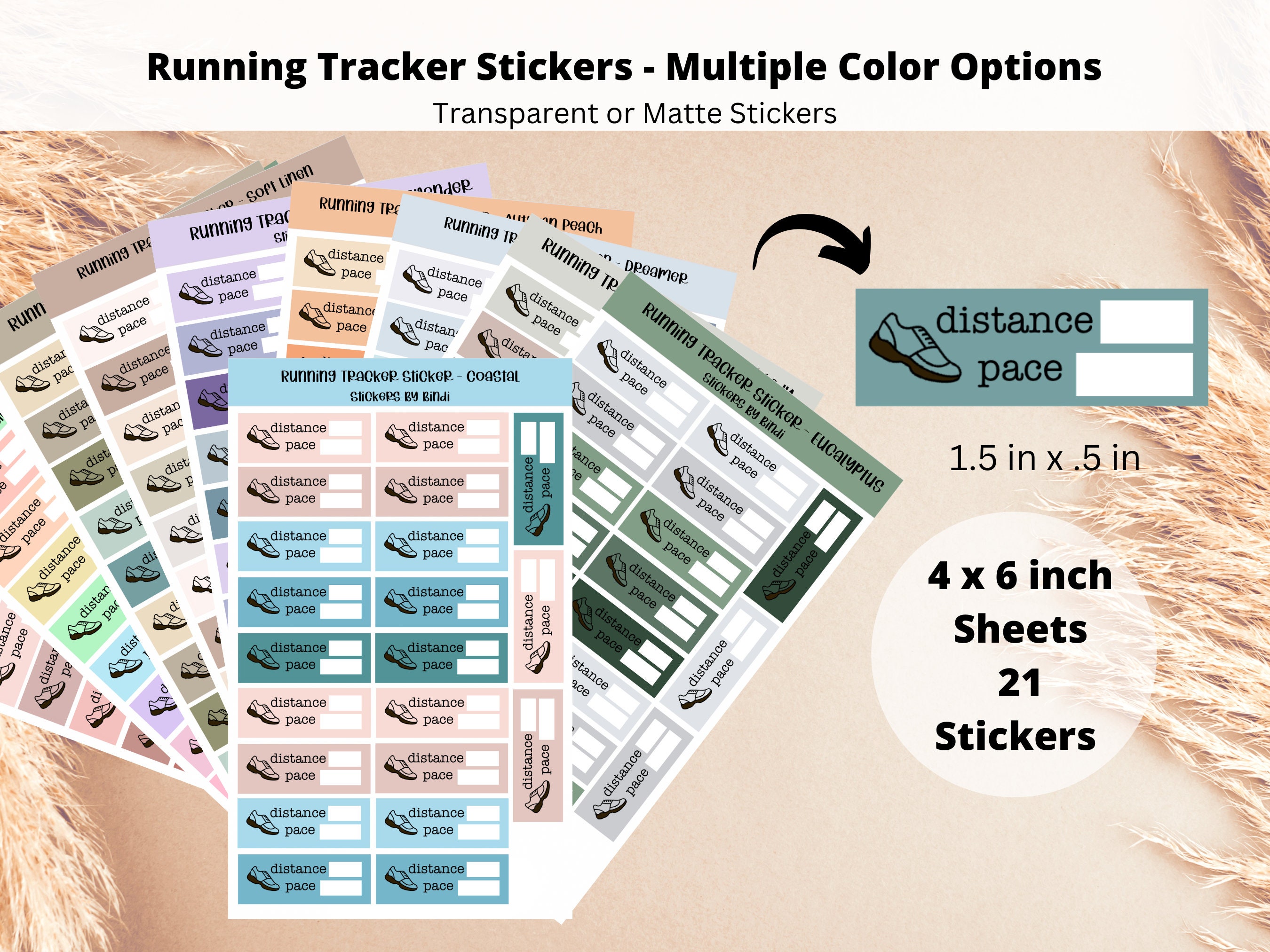 Running Tracker Stickers - Multiple Colors | Fitness Planner Stickers | Journal Scrapbook Stickers | Transparent Matte | Distance and Pace