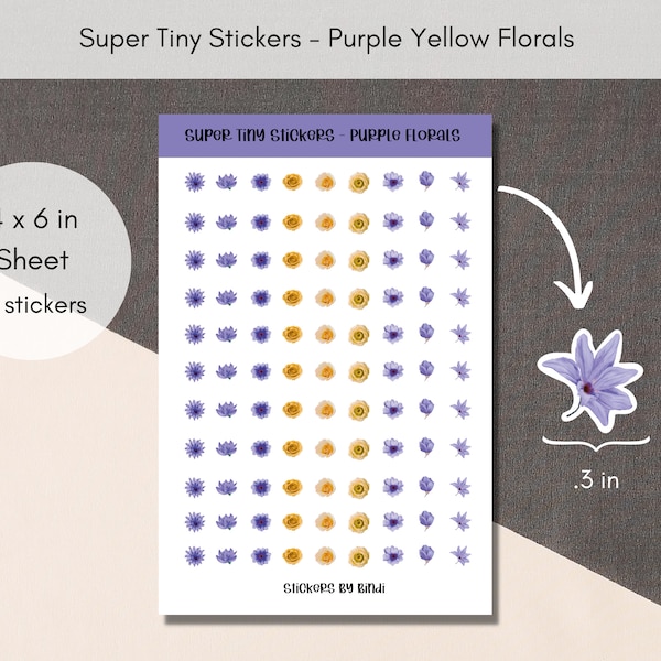 Purple Florals Tiny Stickers | Cute Planner Stickers | Teeny Assorted | Yellow Micro Bullet Point Dot | Embellishment Journal stickers
