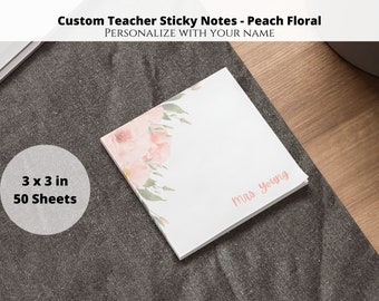 May include: Peach floral sticky notes with a personalized name, "Mrs. Young", printed on the front. The notes are 3 x 3 inches and come in a pack of 50 sheets.
