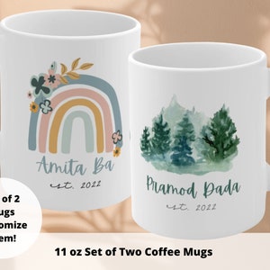Set of 2 Custom Ba Dada Pregnancy Announcement Mugs | Mugs with EST and Year | Gujarati Gifts | Rainbow Forest Mug | Promoted to Mug