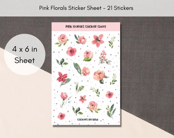 Pink Floral Sticker Sheet | Floral Planner Stickers | Pink Assorted Stickers | Watercolor Journal Stickers | Variety Deco Stickers