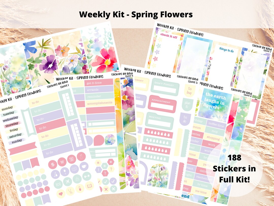 Weekly Kit Planner Stickers - Spring Flowers | Vertical Layout | Happy ...