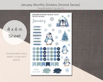 January Monthly Bujo Sticker Sheet | Planner Stickers | Jan Bullet Journal Deco Stickers | Winter Penguin Stickers | Days of Week Date Dots