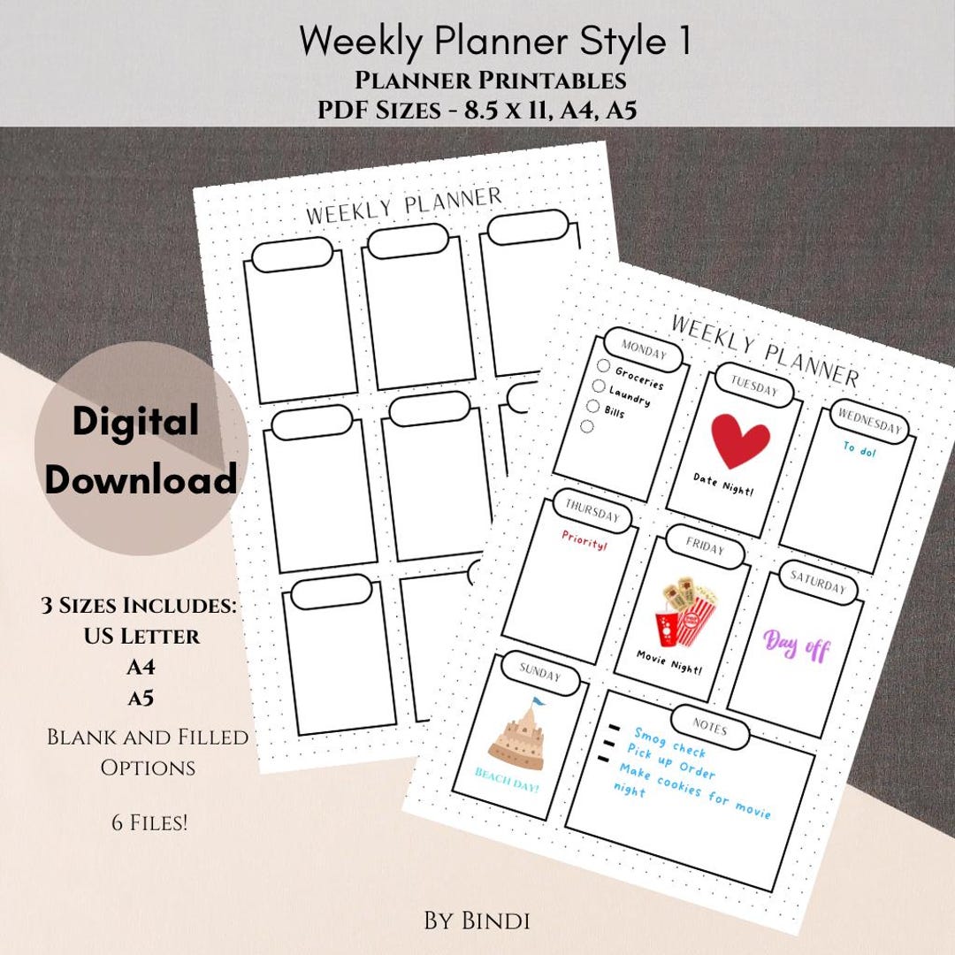 Weekly Planner Printable Style 1 | US Letter, A4 and A5 Size | Digital ...