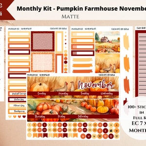 November Monthly Sticker Kit for Erin Condren | Pumpkin Farmhouse Vertical Planner Stickers | 7 x 9 Monthly Kit | Date Dots, Boxes, Headers
