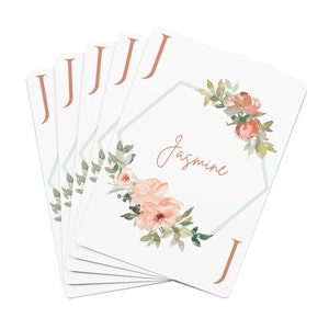 Peach Floral Aangepaste Naam Speelkaarten | Eerste gepersonaliseerde kaartspel | Bloemenkaartspel | Cadeau voor haar | Cursieve naam