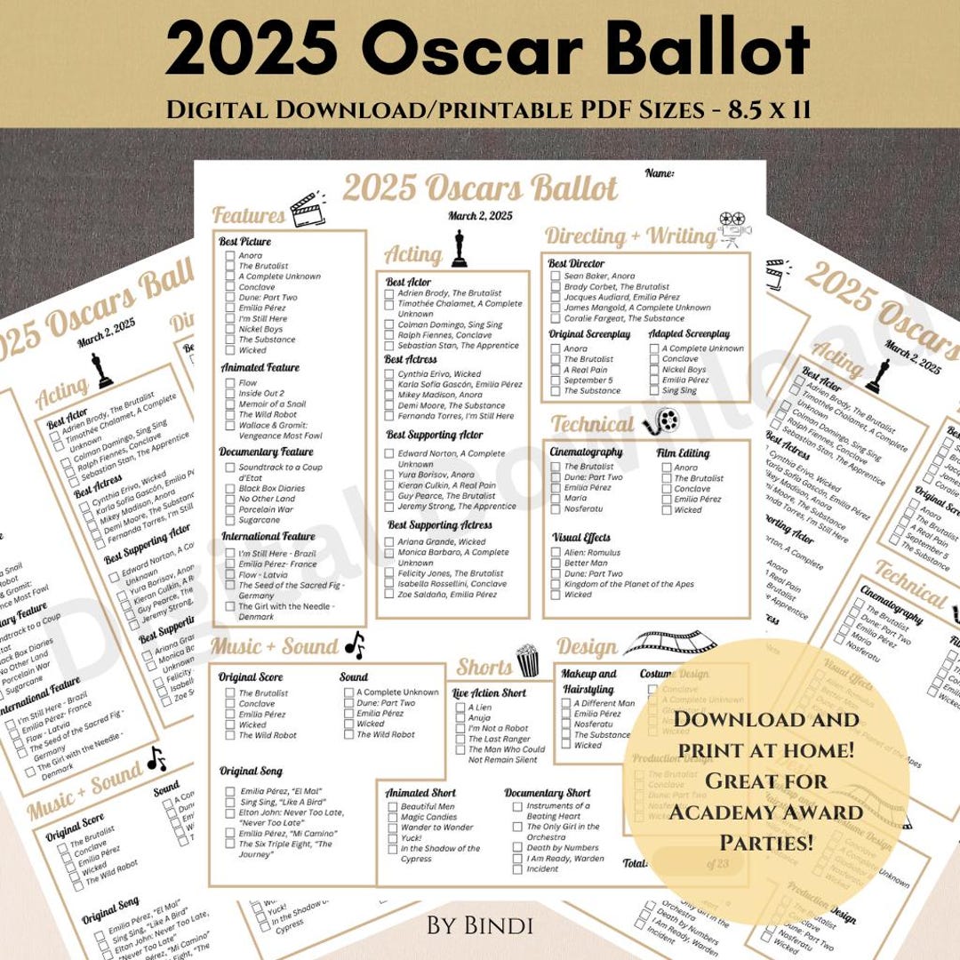 2025 Oscar Ballot Printable PDF | 97 Academy Awards Ballot for Oscar