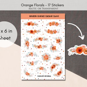 Orange Florals Sticker Sheet | Summer Planner Stickers | Assorted Deco Stickers | Cute Watercolor Journal Stickers | Variety Deco Stickers