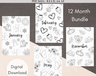 12 Month Journal Cover Page Printable | US Letter, A4 and A5 Size | Digital Download | Planner Covers | Bujo Title Coloring Page Printable