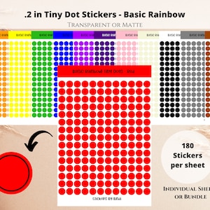 May include: A sheet of 180 red, .2 inch diameter, round stickers. The stickers are arranged in a grid pattern. The text "Basic Rainbow Tiny Dots - Red" is printed on the sheet. The text "Stickers by Billi" is printed at the bottom of the sheet.