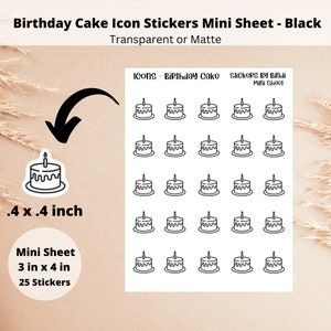 Cake Icon Stickers - Mini Sheet | Birthday Planner Stickers | Functional Stickers | Journal Scrapbook Sticker | Transparent Matte | Black