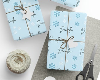 Snowflake Custom Name Wrapping Paper | Blue Christmas Wrapping Paper | Custom Gift Wrap Paper with Cursive Name