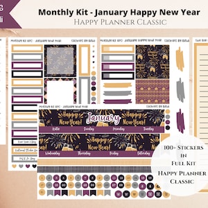 Kit d'autocollants mensuels de janvier pour Happy Planner Classic | Stickers pour agenda vertical Nouvel An | Kit mensuel 2024 | Points, encadrés et en-têtes de date