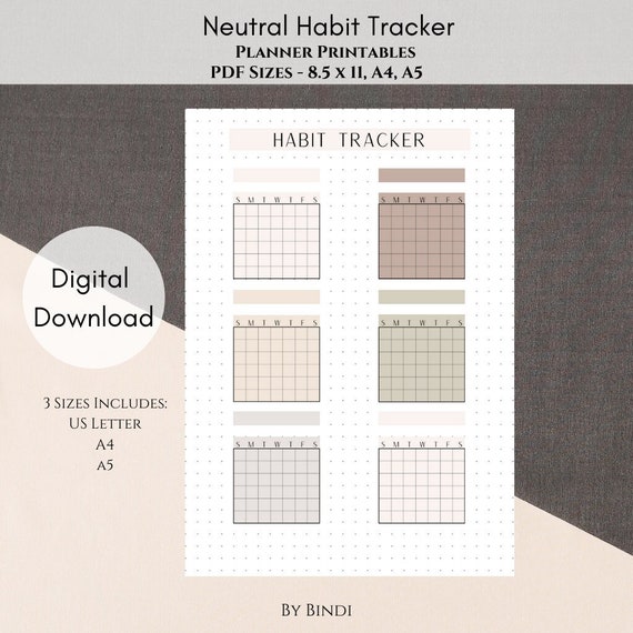 Neutral Habit Tracker Printable | US Letter, A4 and A5 Size | Digital Download | Fillable Habit Tracker | Planner Printables